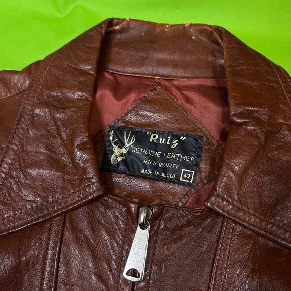 Vintage Ruiz Brown Genuine Leather Jacket Made in Mexico Size 42 Biker Moto 70s - Picture 7 of 8